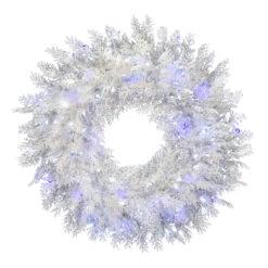 30 Inch Flocked Cedar Pine Artificial Christmas Wreath - 150 Low Voltage LED Pure White And Blue 3MM Lights
