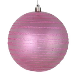 6 Inch Pink Candy Glitter Lines Round Christmas Ball Shatterproof Ornament
