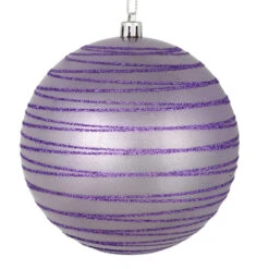 6 Inch Lavender Candy Glitter Lines Round Christmas Ball Shatterproof Ornament