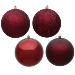 12 Inch Burgundy Wine Round Christmas Ball Ornament Shatterproof Set Of 4 Assorted Finishes
