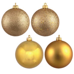 12 Inch Golden Round Christmas Ball Ornament Shatterproof Set Of 4 Assorted Finishes