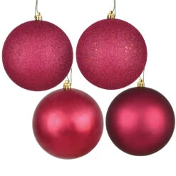 12 Inch Berry Red Round Christmas Ball Ornament Shatterproof Set Of 4 Assorted Finishes