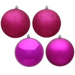 12 Inch Fuchsia Pink Round Christmas Ball Ornament Shatterproof Set Of 4 Assorted Finishes