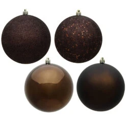 12 Inch Chocolate Round Christmas Ball Ornament Shatterproof Set Of 4 Assorted Finishes