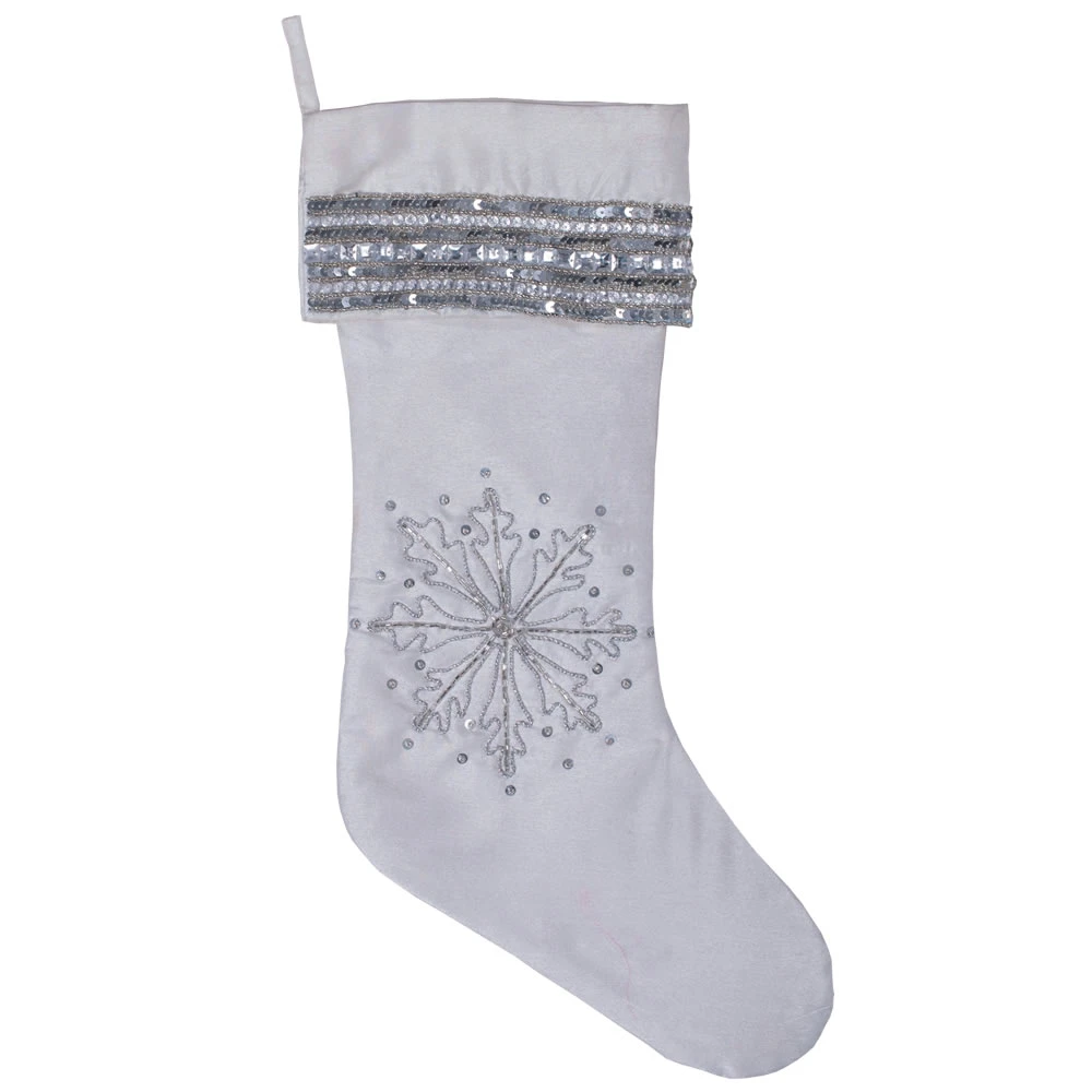 Pure White Silver Sequin Snowflake Decorative Christmas Stocking 3 Pure White Silver Sequin Snowflake Decorative Christmas Stocking