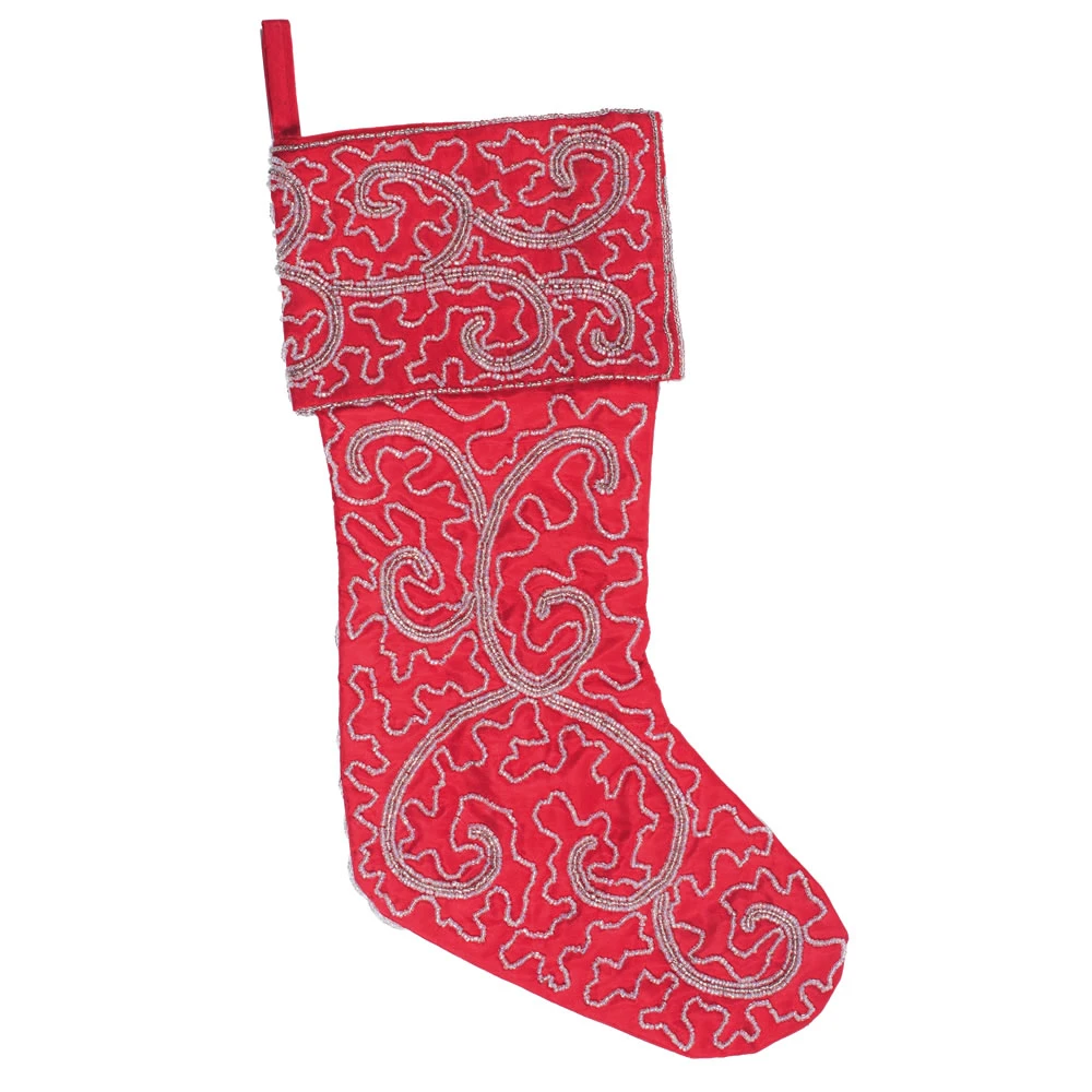 Red Polysilk Dupioni Silver Beaded Filigree Scroll Decorative Christmas Stocking 3 Red Polysilk Dupioni Silver Beaded Filigree Scroll Decorative Christmas Stocking