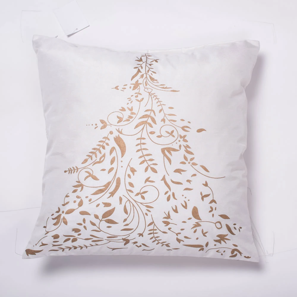 18 Inch Pure White Polysilk Dupioni With Tree Design Gold Stamped Decorative Christmas Tree Pillow 3 18 Inch Pure White Polysilk Dupioni With Tree Design Gold Stamped Decorative Christmas Tree Pillow