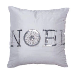 18 Inch Pure White Polysilk Dupioni Silver Sequin And Metallic Embroidered Noel Wording Sequin Decorative Christmas Pillow
