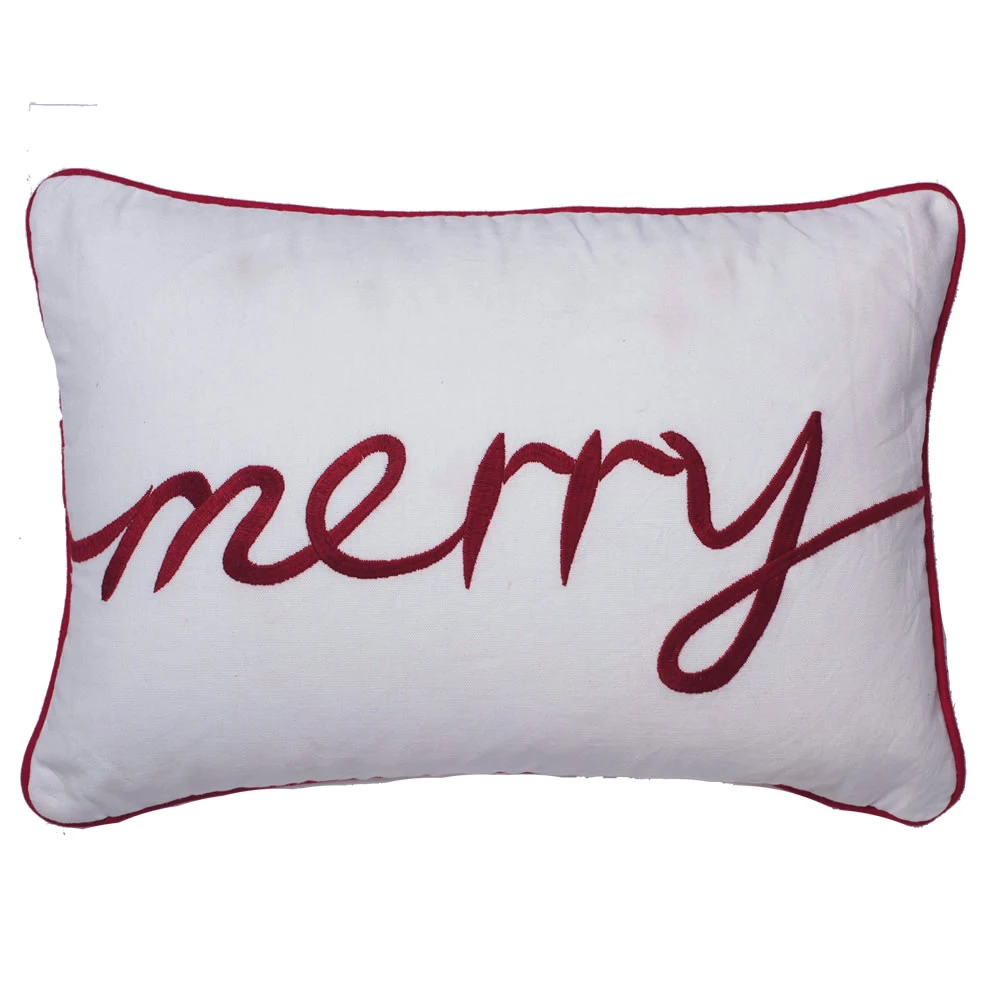 14 Inch Crisp White Duck Cloth With Embroidered Red Wording Merry Decorative Christmas Pillow 3 14 Inch Crisp White Duck Cloth With Embroidered Red Wording Merry Decorative Christmas Pillow