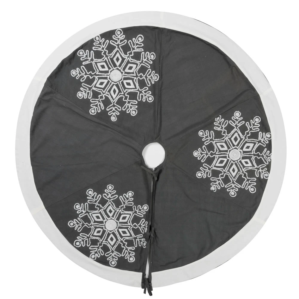 60 Inch Frosted Grey Duck Cloth Pure White Trim With Embroidered Motif Winter Snowflake Decorative Christmas Tree Skirt 3 60 Inch Frosted Grey Duck Cloth Pure White Trim With Embroidered Motif Winter Snowflake Decorative Christmas Tree Skirt