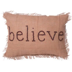 14 Inch Rustic Burlap With Wood Button Wording And Self Fringe Edging Believe Decorative Christmas Pillow