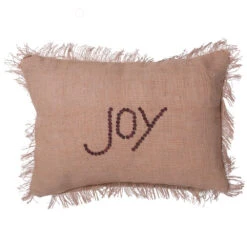 14 Inch Rustic Burlap With Wood Button Wording And Self Fringe Edging Joy Decorative Christmas Pillow