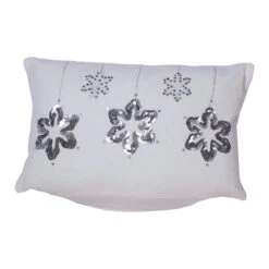 12 Inch Plush White Cotton Velvet With Sequin And Embroidery Motif Silver Flakes Decorative Christmas Pillow