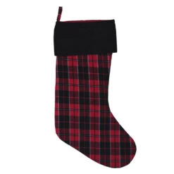 Red And Black Cotton Holiday Plaid With Poly Velvet Cuff MacKenzie Decorative Christmas Stocking