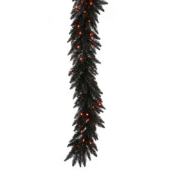 9 Foot Black Fir Artificial Halloween Garland 100 DuraLit LED M5 Italian Orange Mini Lights