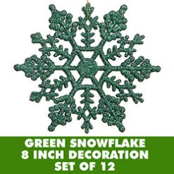 8 Inch Green Glitter Snowflake 12 Per Set