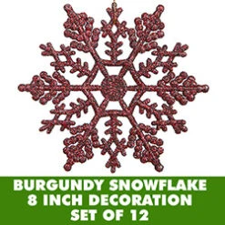 8 Inch Burgundy Glitter Snowflake 12 Per Set
