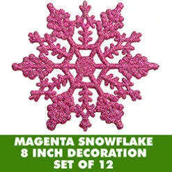 8 Inch Magenta Glitter Snowflake 12 Per Set