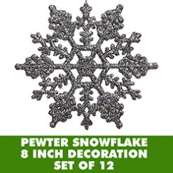 8 Inch Pewter Glitter Snowflake 12 Per Set