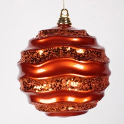 8 Inch Burnished Orange Candy Glitter Wave Round Christmas Ball Ornament