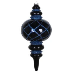 13 Inch Midnight Blue Candy Finish Net Top Finial Ornament With Glitter Accents