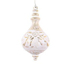 10.5 Inch White Matte With Gold Accents Drop Christmas Finial Ornament Shatterproof