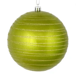 3 Inch Lime Green Candy Glitter Lines Round Christmas Ball Ornament Shatterproof