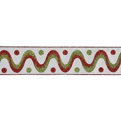 2.5 Inch X 10 Yard White With Red Green Swirls Dots Christmas Ribbon
