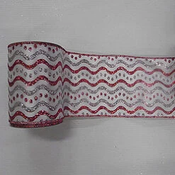 30 Foot White Red And Silver Swirl Dots Ribbon