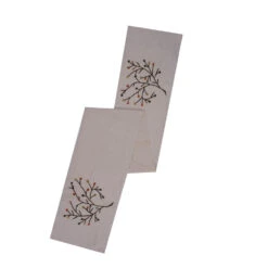 Beige Natural Cotton Linen Flex Cloth Embroidered Branches And Berries Harvest Branch Decorative Holiday Table Runner