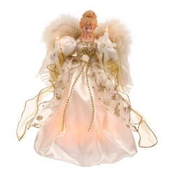 12 Inch Angel White Gold With Feather Wings Lighted Christmas Tree Topper